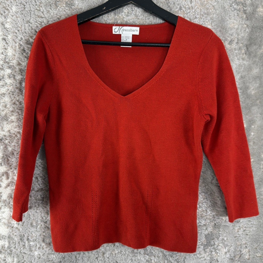 Dressbarn Size M V-Neck Ribbed Knit Casual Sweater Orange 3/4 Sleeve Women